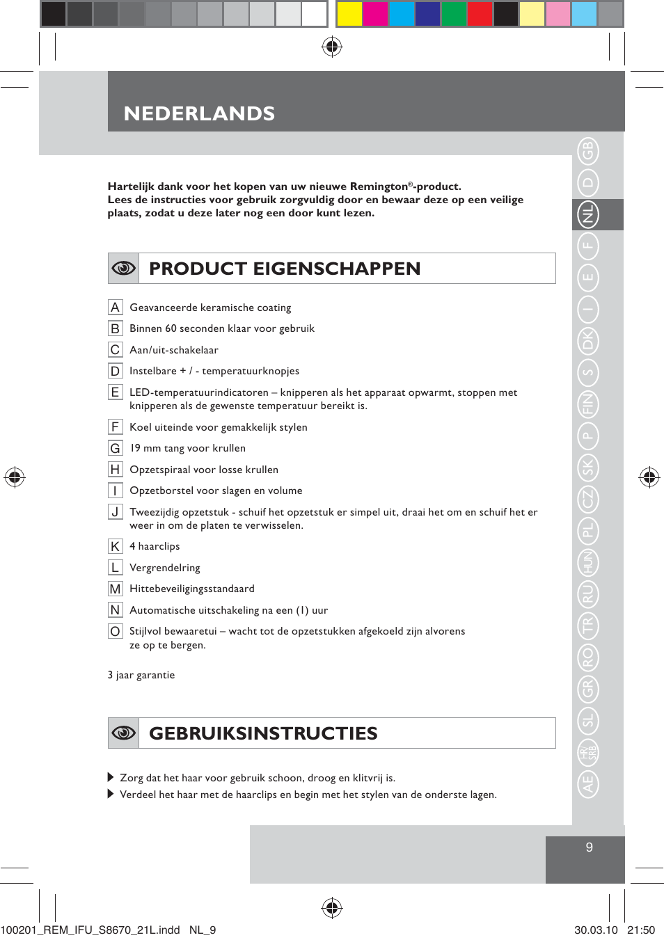 Nederlands, Product eigenschappen, Gebruiksinstructies | Remington S8670 User Manual | Page 11 / 89