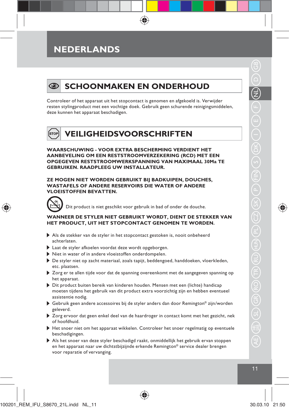 Nederlands, Schoonmaken en onderhoud, Veiligheidsvoorschriften | Remington S8670 User Manual | Page 13 / 89