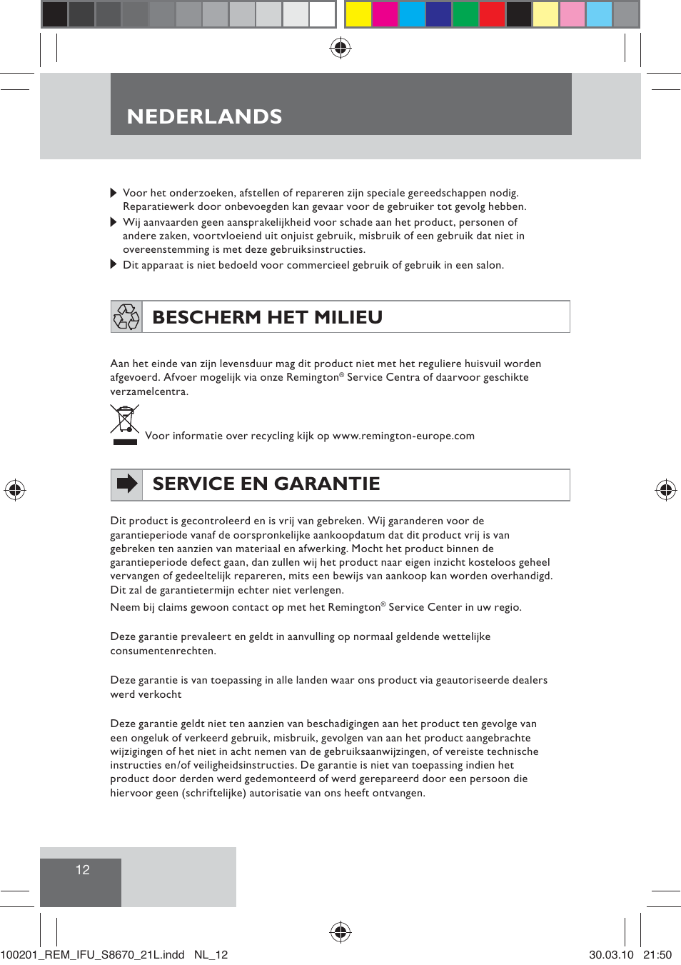 Nederlands, Bescherm het milieu, Service en garantie | Remington S8670 User Manual | Page 14 / 89