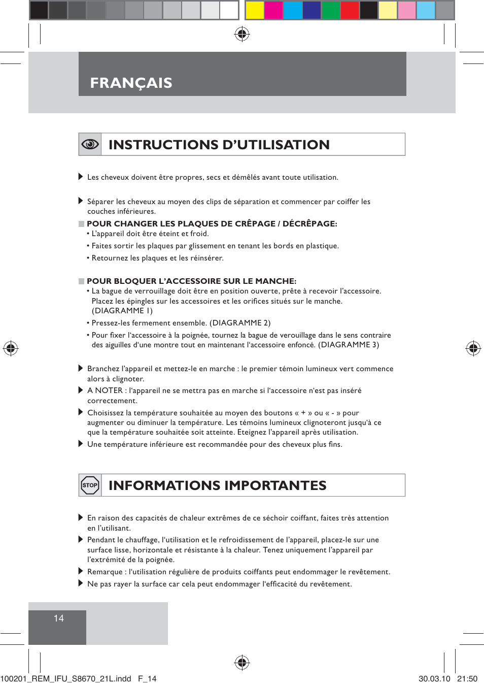 Français, Instructions d’utilisation, Informations importantes | Remington S8670 User Manual | Page 16 / 89