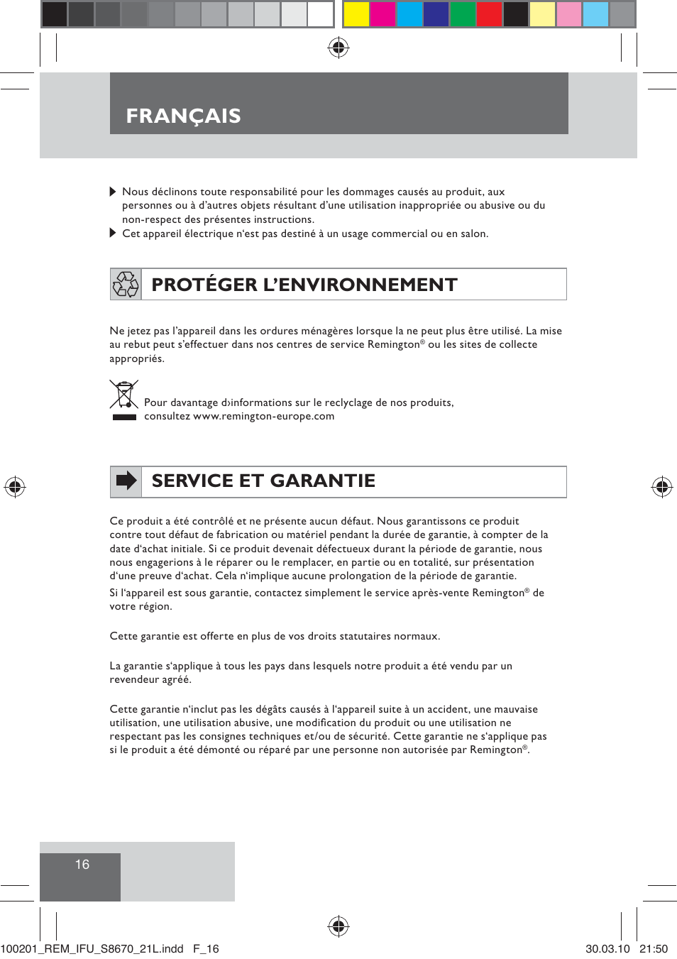 Français, Protéger l’environnement, Service et garantie | Remington S8670 User Manual | Page 18 / 89