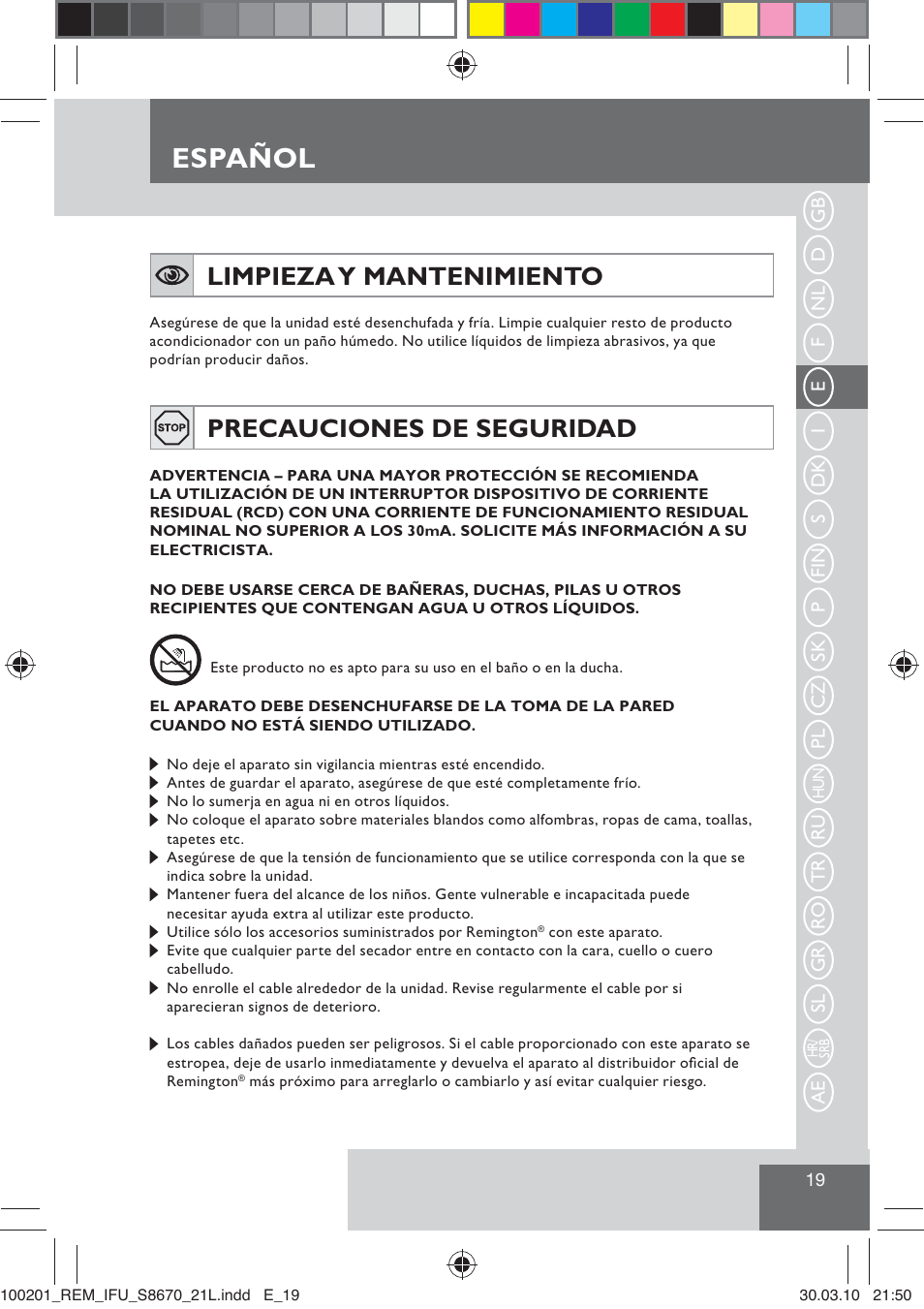 Español, Limpieza y mantenimiento, Precauciones de seguridad | Remington S8670 User Manual | Page 21 / 89