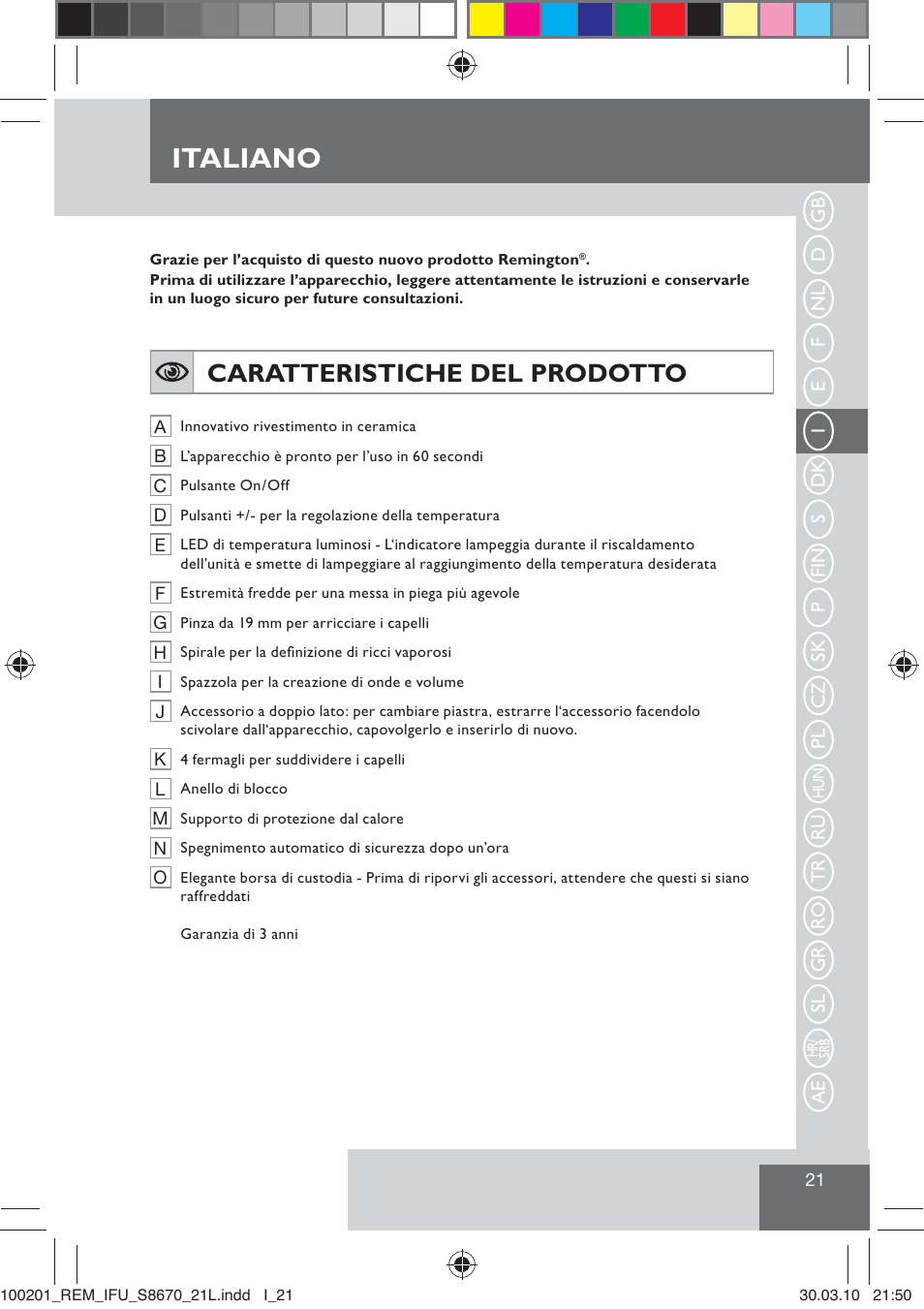 Italiano, Caratteristiche del prodotto | Remington S8670 User Manual | Page 23 / 89