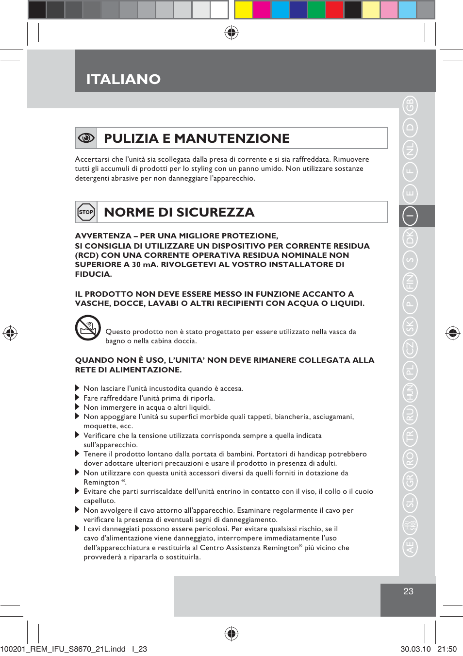 Italiano, Pulizia e manutenzione, Norme di sicurezza | Remington S8670 User Manual | Page 25 / 89