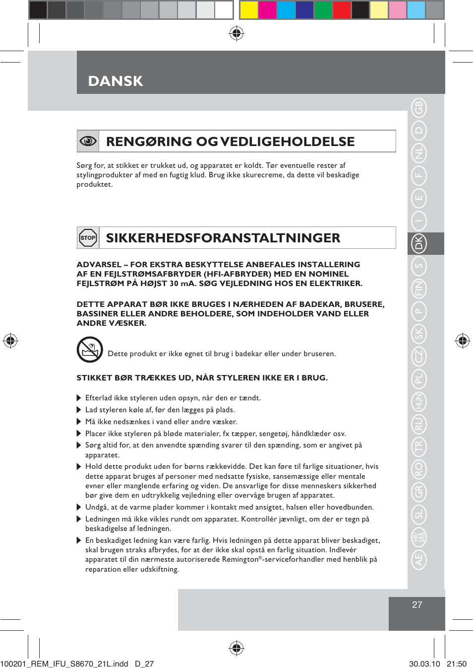 Dansk, Rengøring og vedligeholdelse, Sikkerhedsforanstaltninger | Remington S8670 User Manual | Page 29 / 89