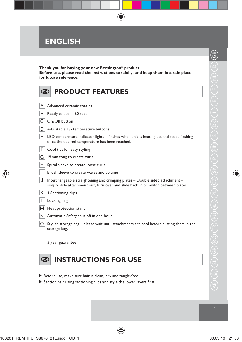 English, Product features, Instructions for use | Remington S8670 User Manual | Page 3 / 89
