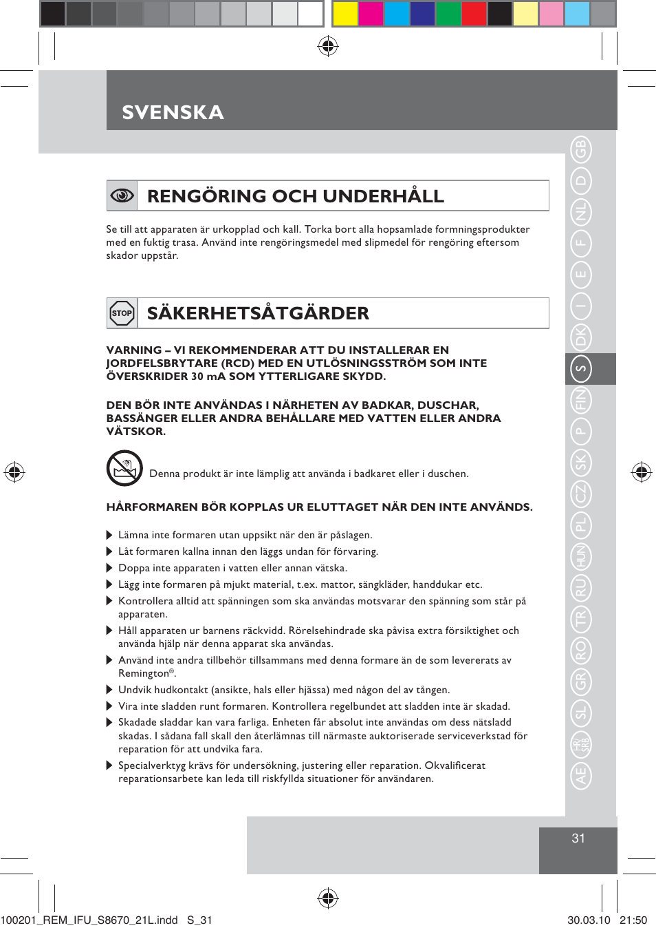 Svenska, Rengöring och underhåll, Säkerhetsåtgärder | Remington S8670 User Manual | Page 33 / 89