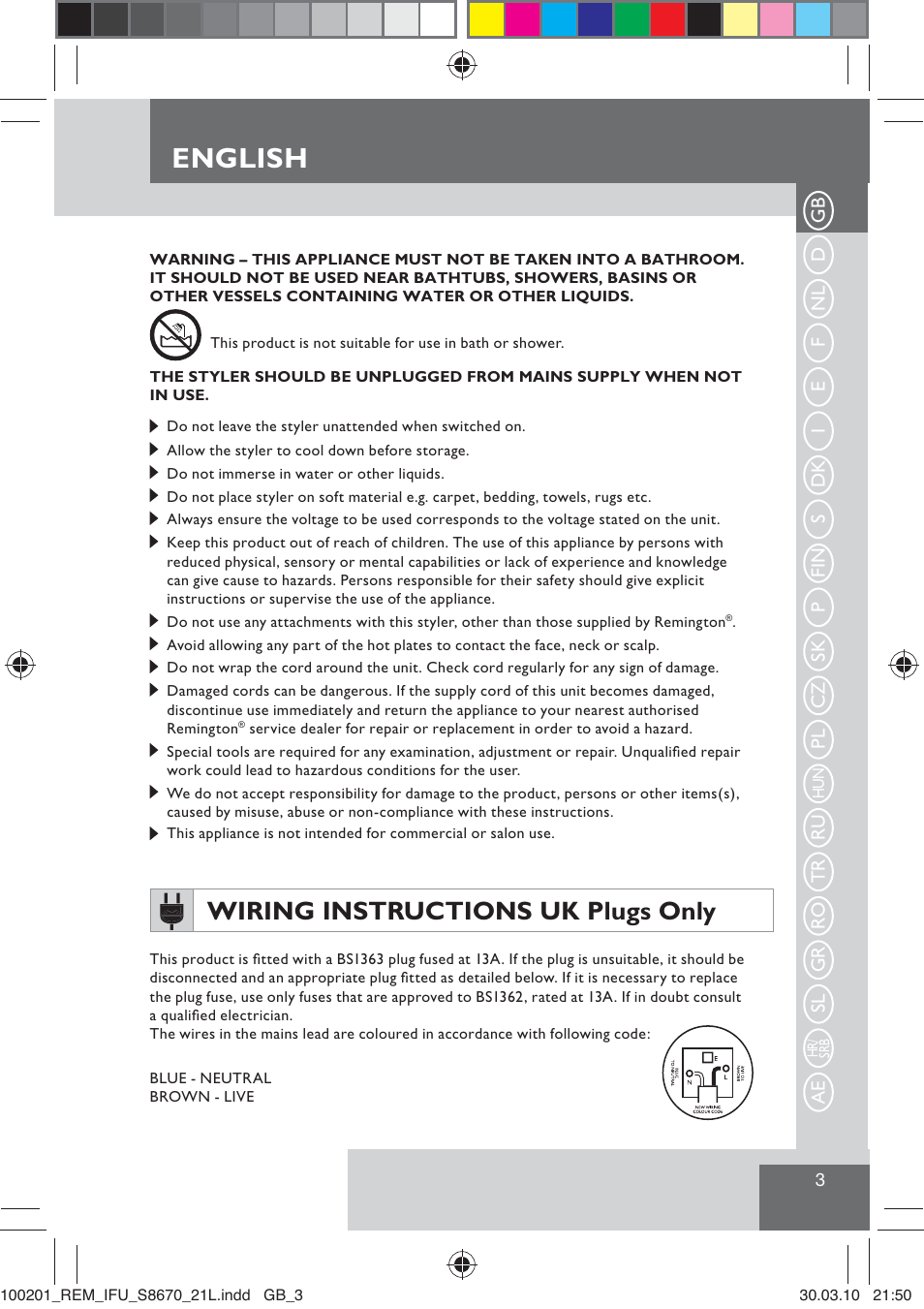 English, Wiring instructions uk plugs only | Remington S8670 User Manual | Page 5 / 89