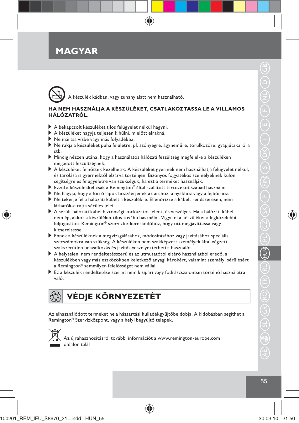 Magyar, Védje környezetét | Remington S8670 User Manual | Page 57 / 89