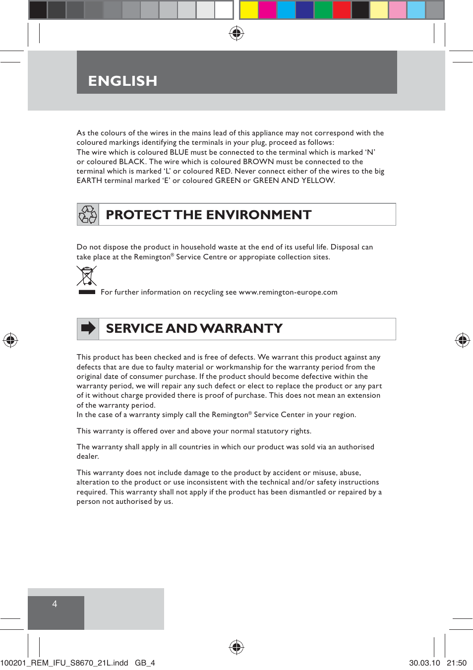 English, Protect the environment, Service and warranty | Remington S8670 User Manual | Page 6 / 89