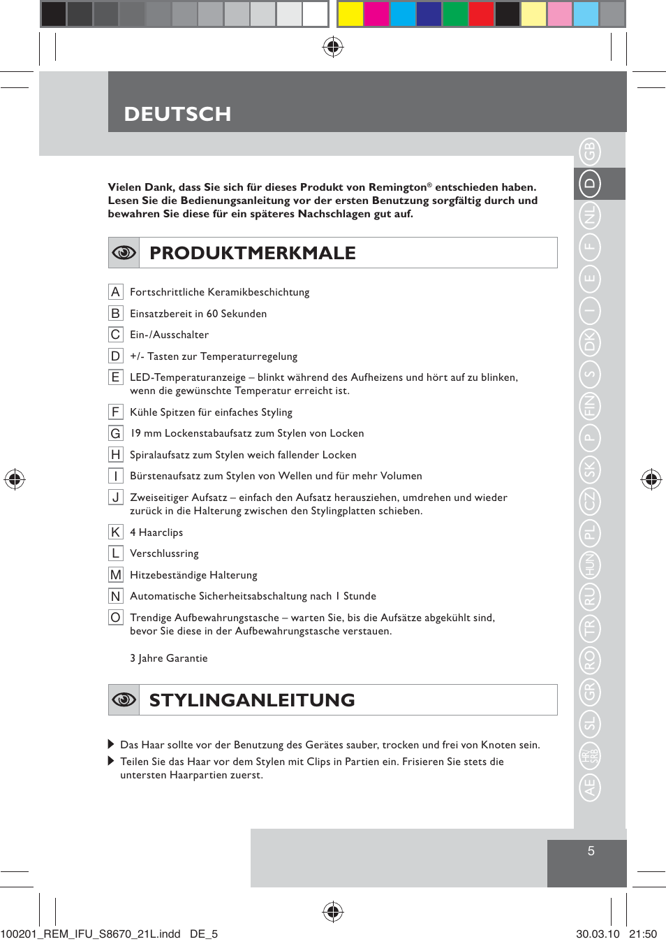 Deutsch, Produktmerkmale, Stylinganleitung | Remington S8670 User Manual | Page 7 / 89