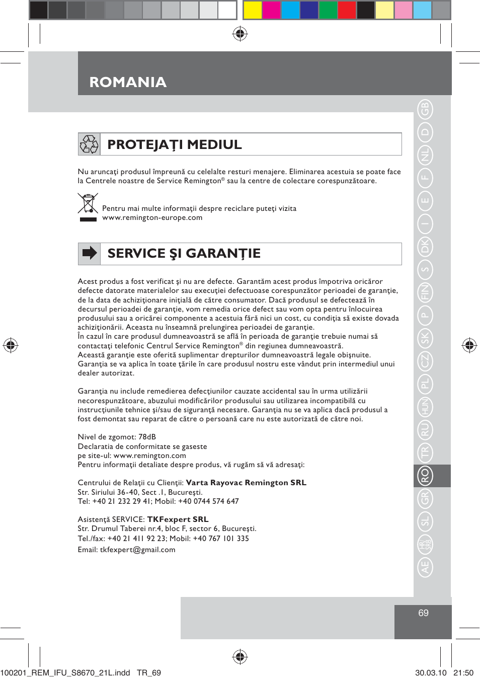 Romania, Protejaţi mediul, Service şi garanţie | Remington S8670 User Manual | Page 71 / 89