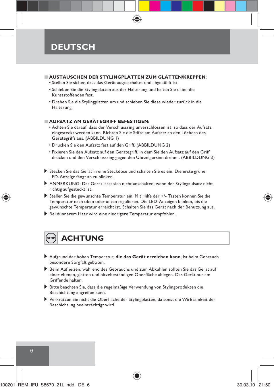 Deutsch, Achtung | Remington S8670 User Manual | Page 8 / 89