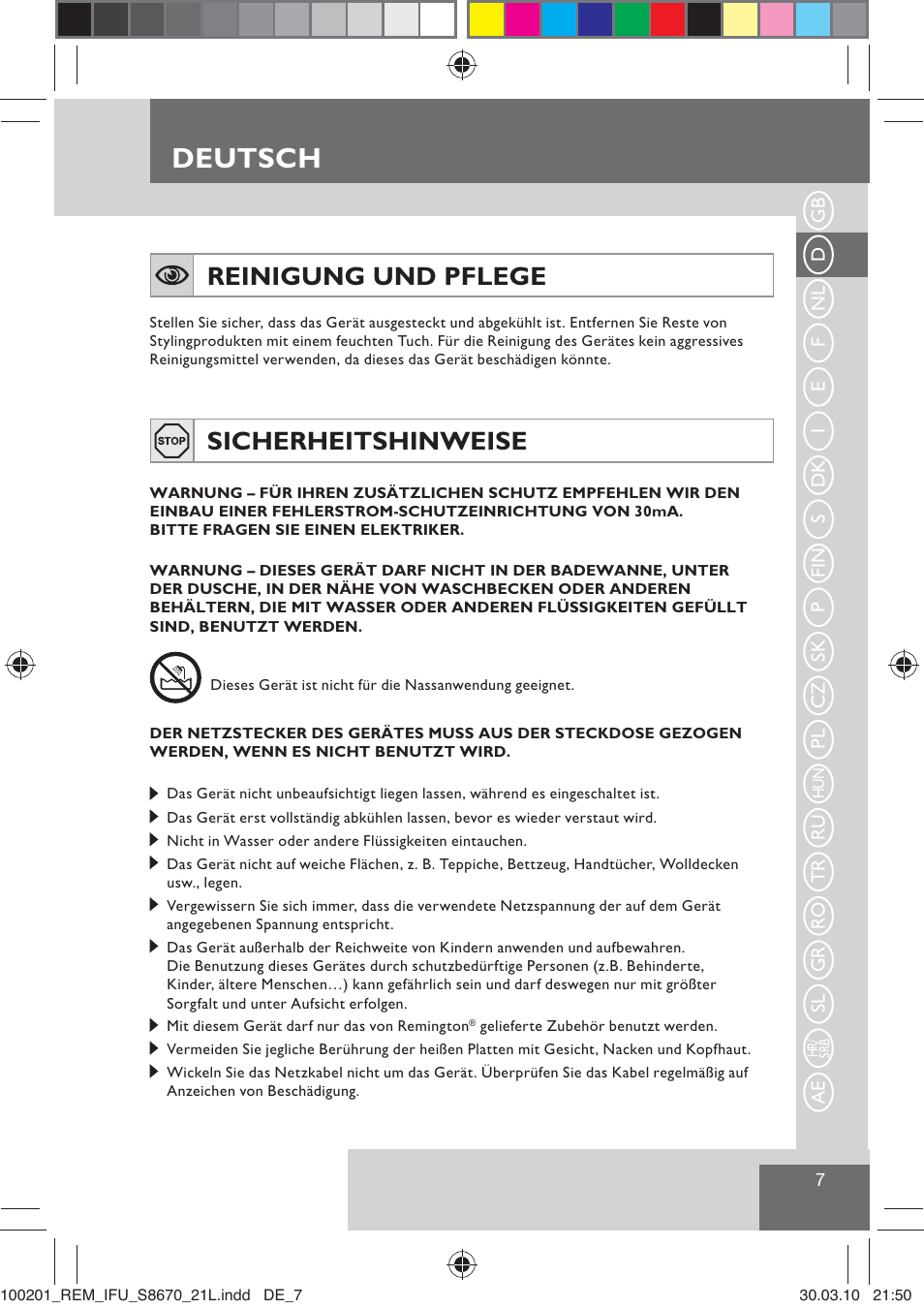 Deutsch, Reinigung und pflege, Sicherheitshinweise | Remington S8670 User Manual | Page 9 / 89