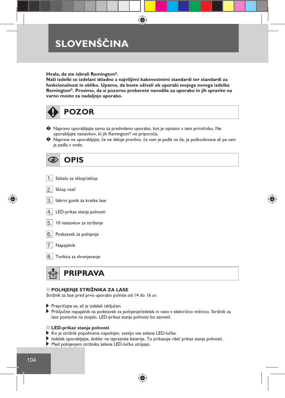 Slovenščina, Pozor, Opis | Priprava | Remington HC5810 User Manual | Page 106 / 121