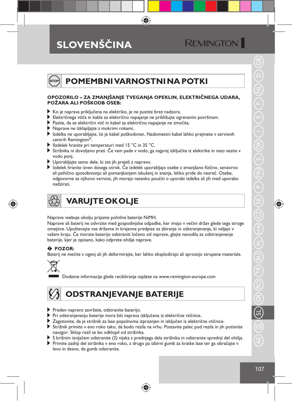 Slovenščina, Pomembni varnostni na potki, Varujte okolje | Odstranjevanje baterije | Remington HC5810 User Manual | Page 109 / 121