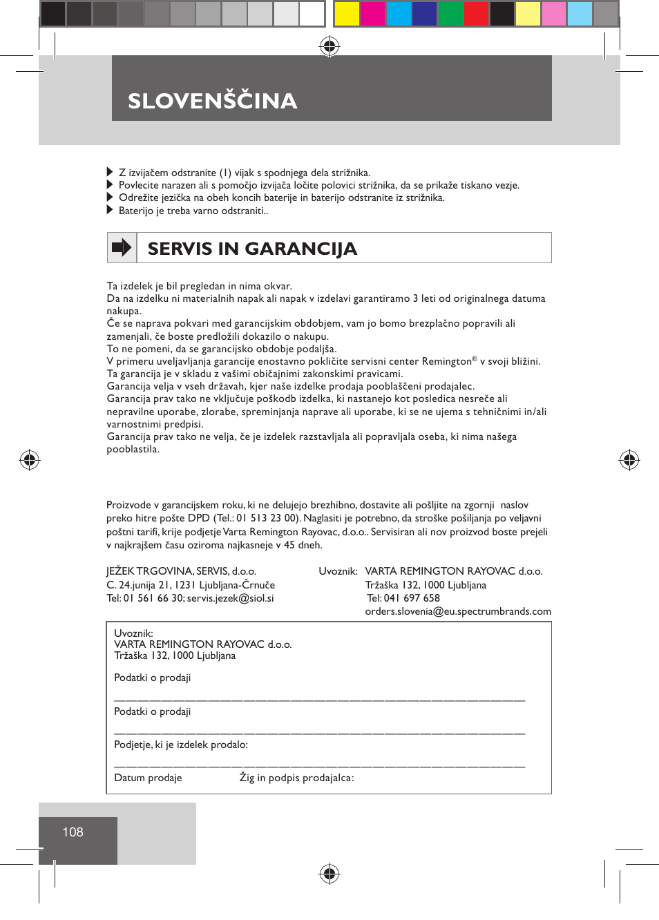 Slovenščina, Servis in garancija | Remington HC5810 User Manual | Page 110 / 121