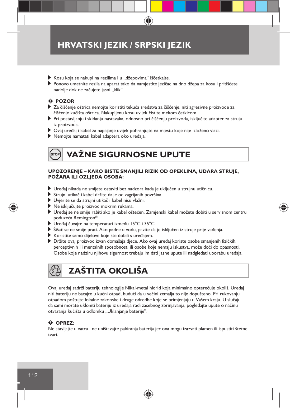 Hrvatski jezik / srpski jezik, Važne sigurnosne upute, Zaštita okoliša | Remington HC5810 User Manual | Page 114 / 121