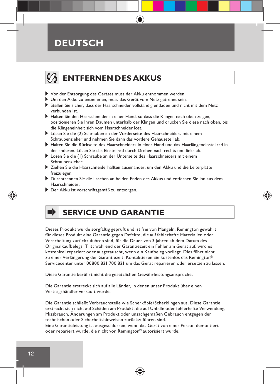 Deutsch, Entfernen d es akkus, Service und garantie | Remington HC5810 User Manual | Page 14 / 121