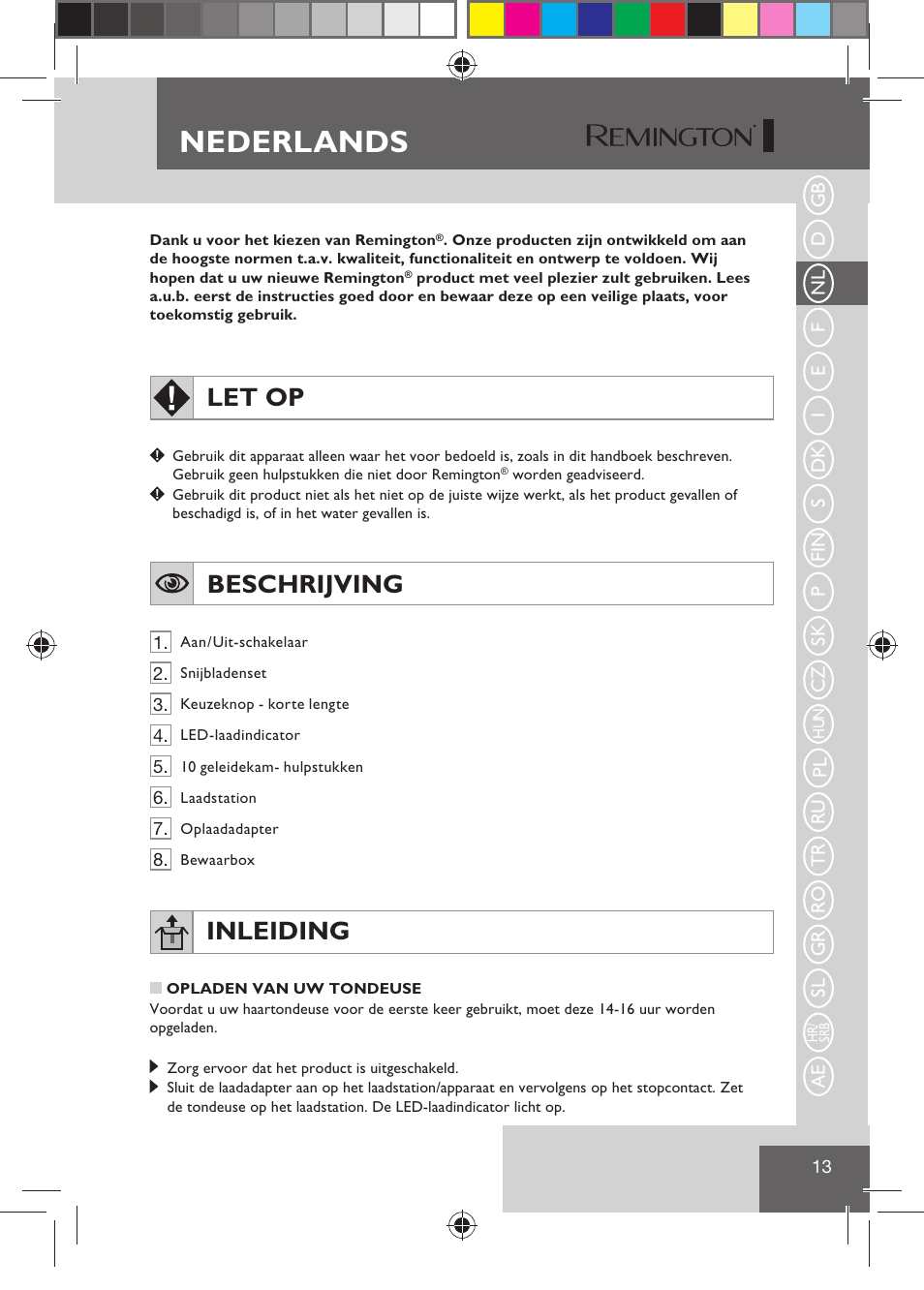 Nederlands, Let op, Beschrijving | Inleiding | Remington HC5810 User Manual | Page 15 / 121