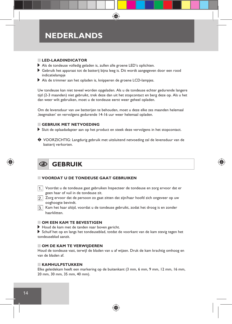 Nederlands, Gebruik | Remington HC5810 User Manual | Page 16 / 121