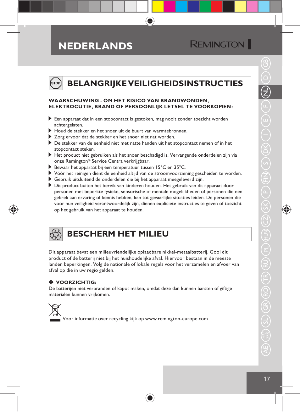 Nederlands, Belangrijke veiligheidsinstructies, Bescherm het milieu | Remington HC5810 User Manual | Page 19 / 121