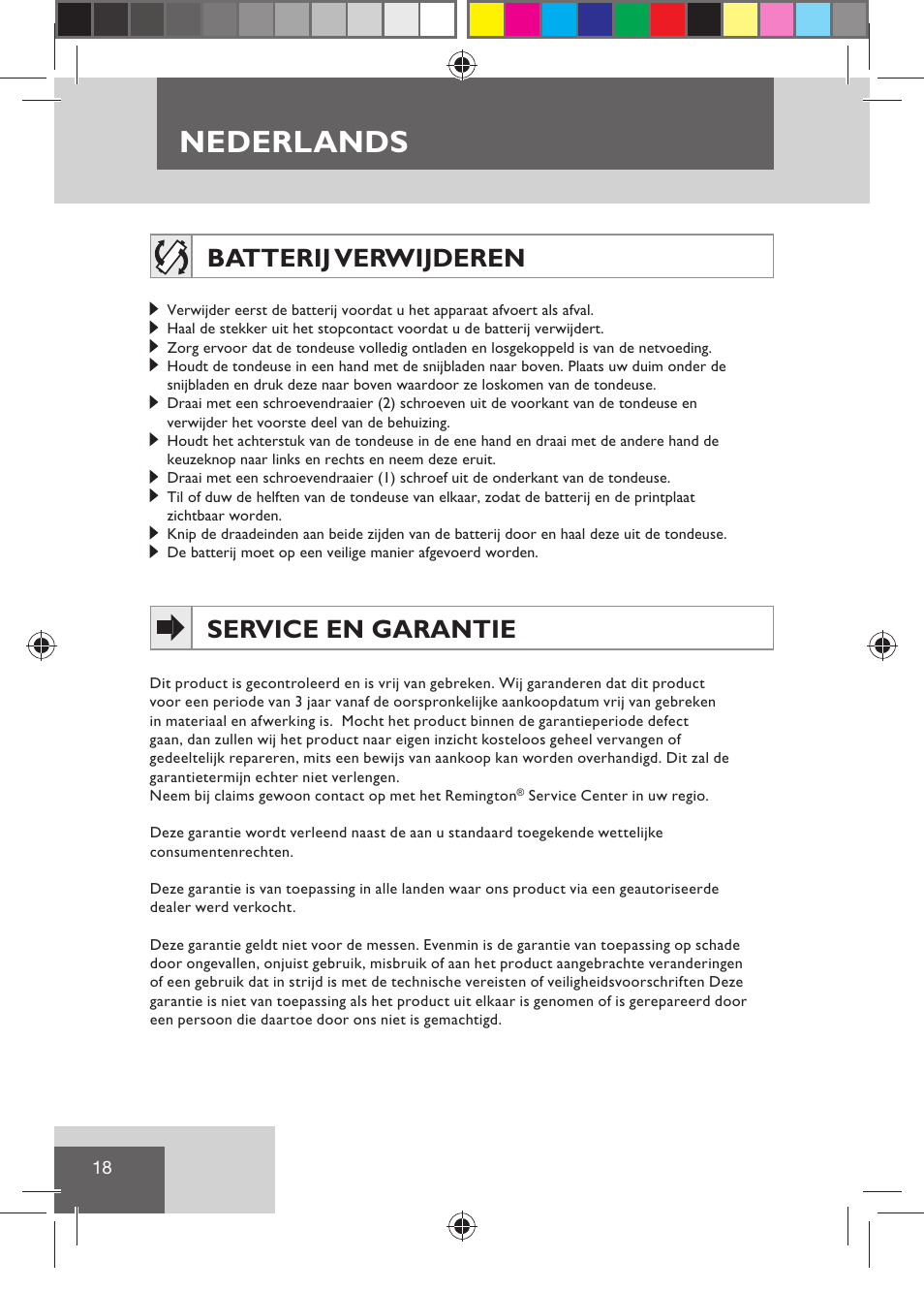 Nederlands, Batterij verwijderen, Service en garantie | Remington HC5810 User Manual | Page 20 / 121
