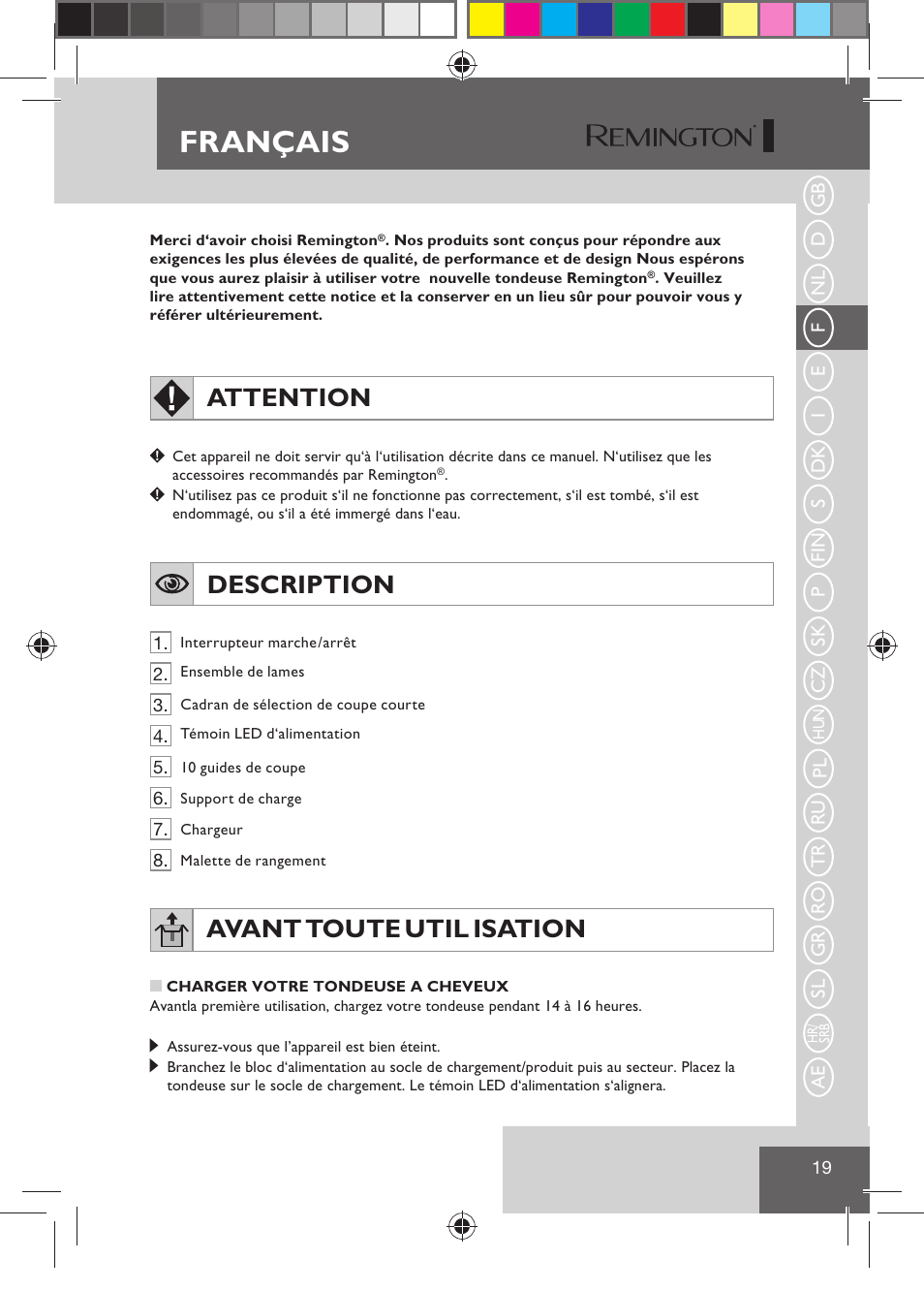 Français, Attention, Description | Avant toute util isation | Remington HC5810 User Manual | Page 21 / 121