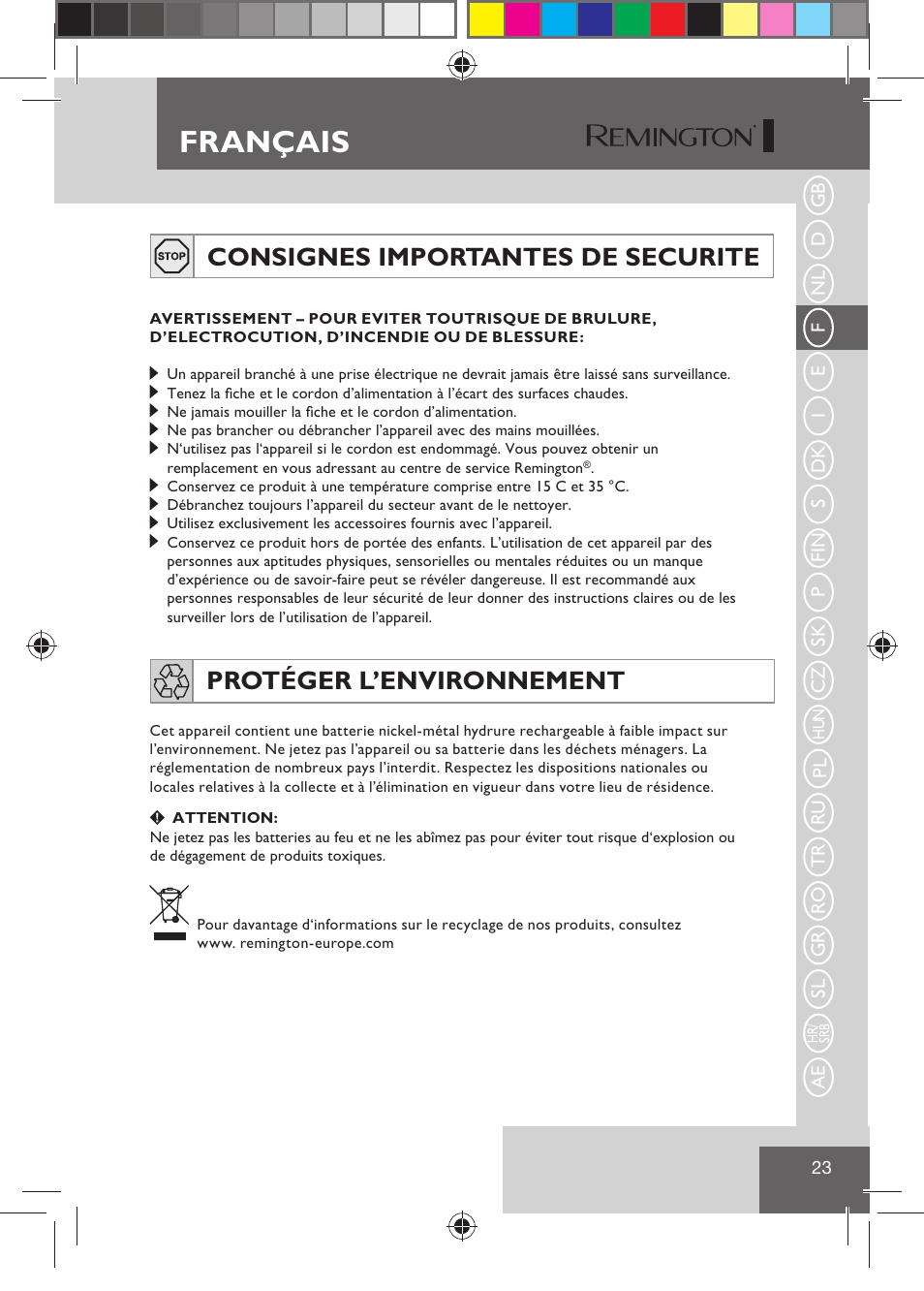 Français, Consignes importantes de securite, Protéger l’environnement | Remington HC5810 User Manual | Page 25 / 121