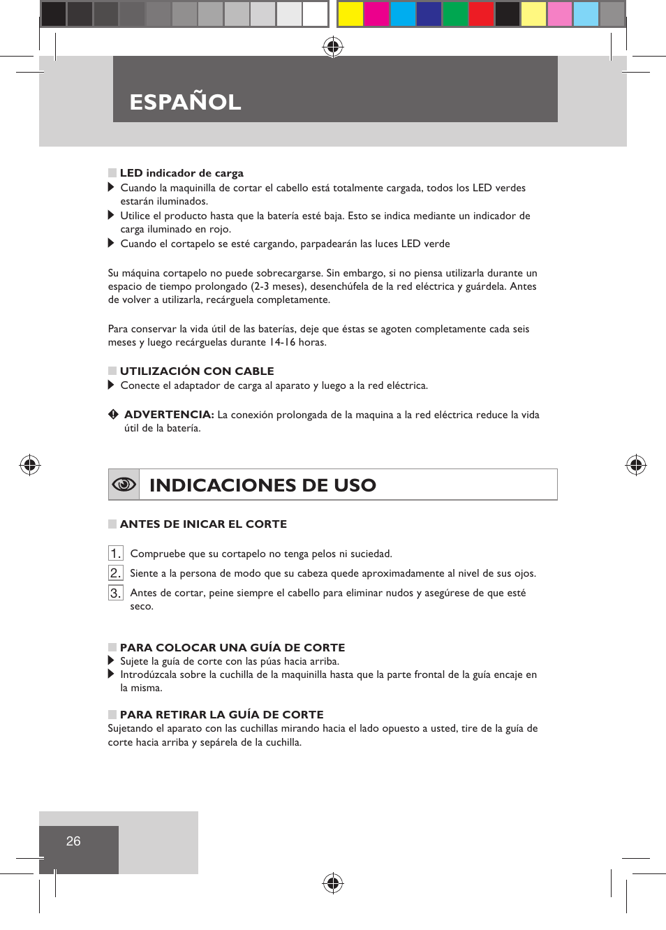 Español, Indicaciones de uso | Remington HC5810 User Manual | Page 28 / 121