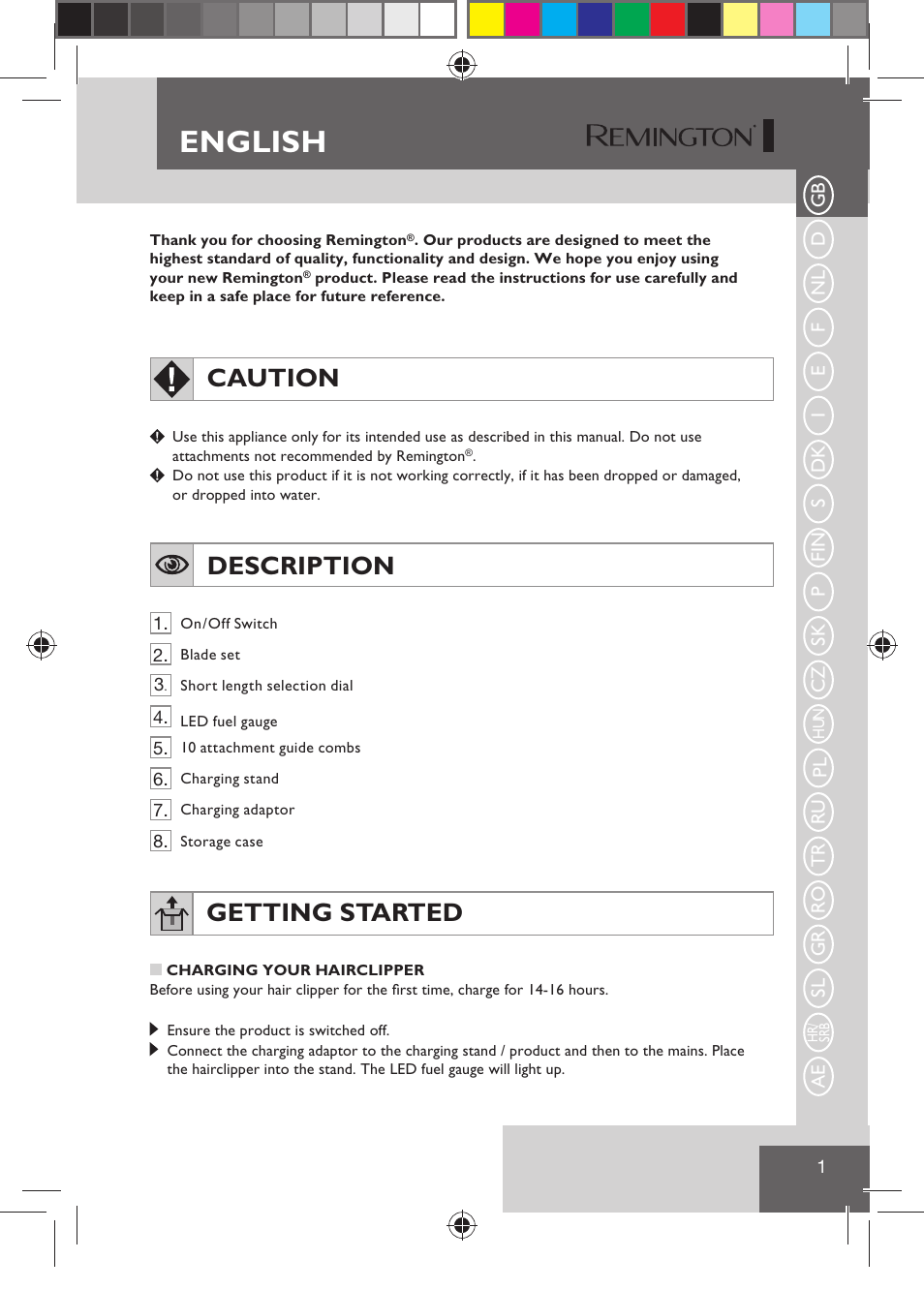 English, Caution, Description | Getting started | Remington HC5810 User Manual | Page 3 / 121