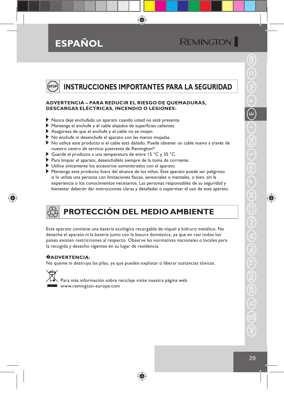 Español, Instrucciones importantes para la seguridad, Protección del medio ambiente | Remington HC5810 User Manual | Page 31 / 121