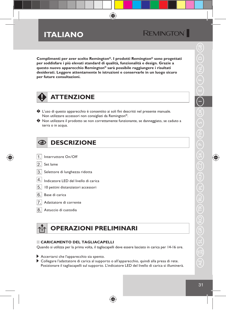 Italiano, Attenzione, Descrizione | Operazioni preliminari | Remington HC5810 User Manual | Page 33 / 121
