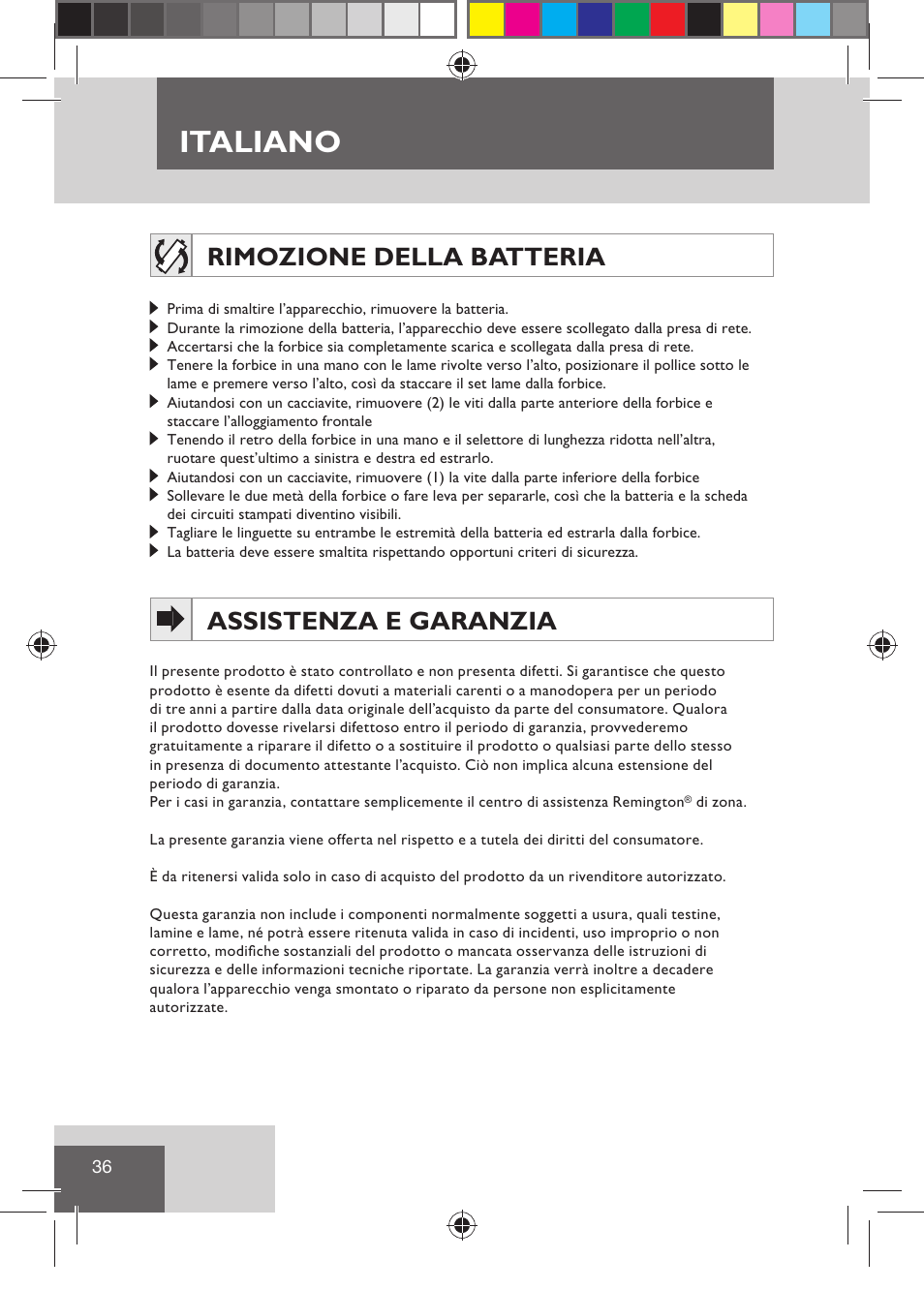 Italiano, Rimozione della batteria, Assistenza e garanzia | Remington HC5810 User Manual | Page 38 / 121