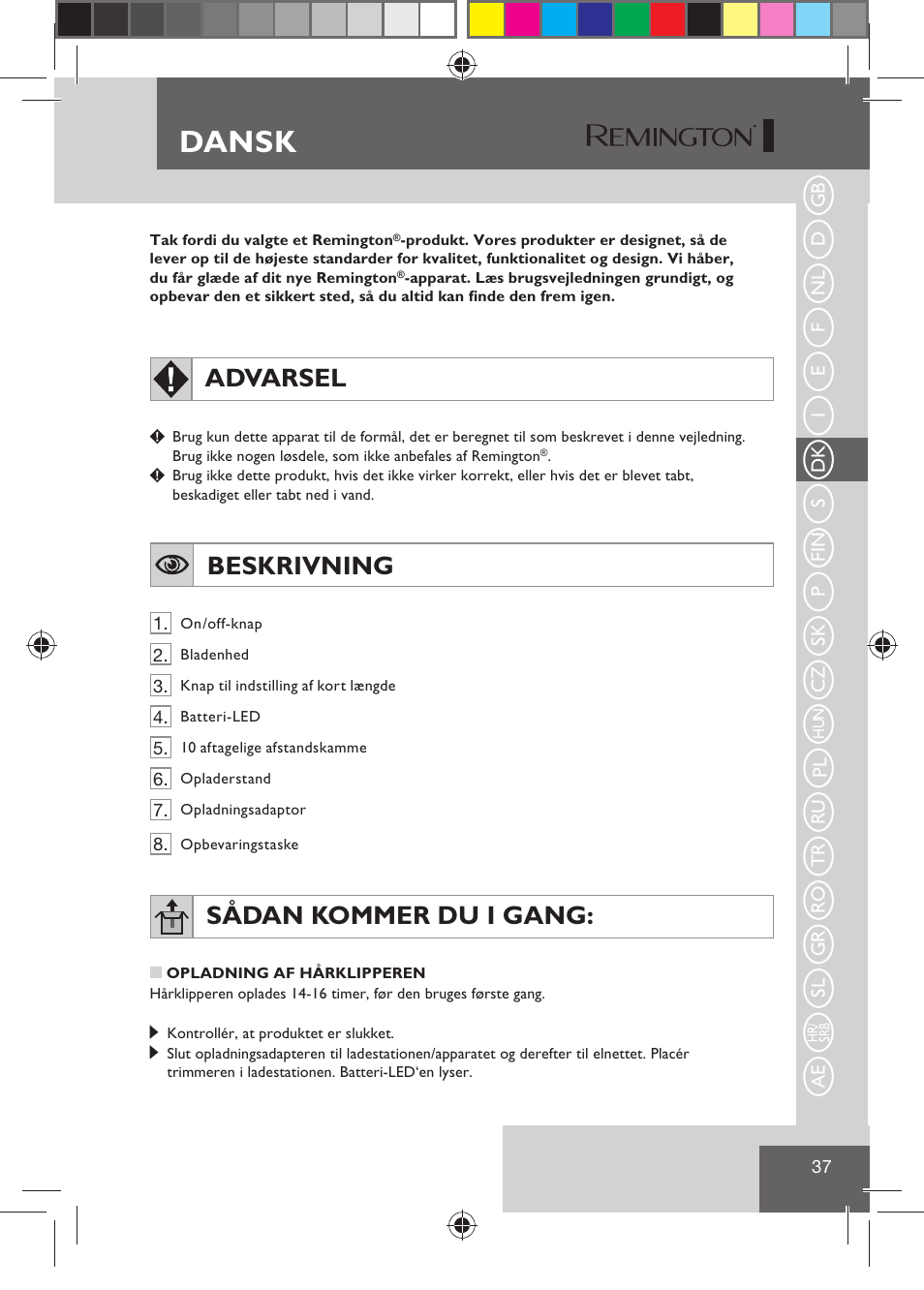 Dansk, Advarsel, Beskrivning | Sådan kommer du i gang | Remington HC5810 User Manual | Page 39 / 121