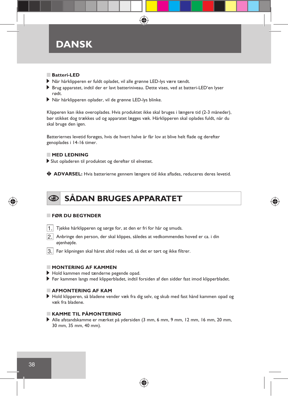 Dansk, Sådan bruges apparatet | Remington HC5810 User Manual | Page 40 / 121
