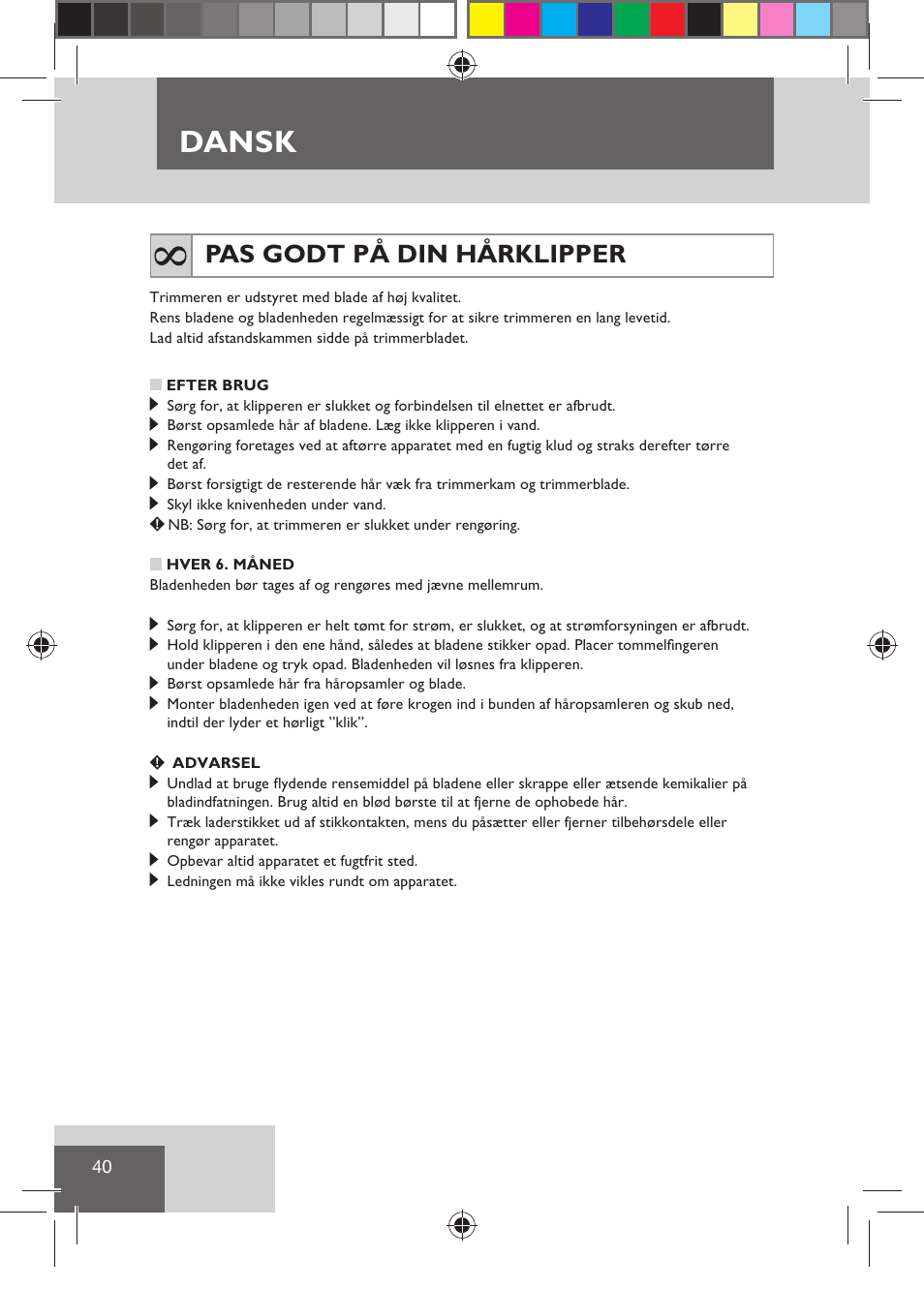 Dansk, Pas godt på din hårklipper | Remington HC5810 User Manual | Page 42 / 121