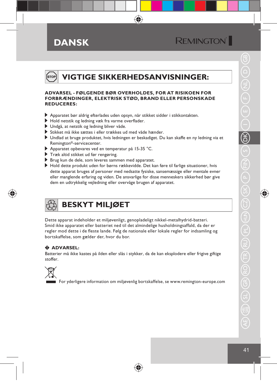 Dansk, Vigtige sikkerhedsanvisninger, Beskyt miljøet | Remington HC5810 User Manual | Page 43 / 121
