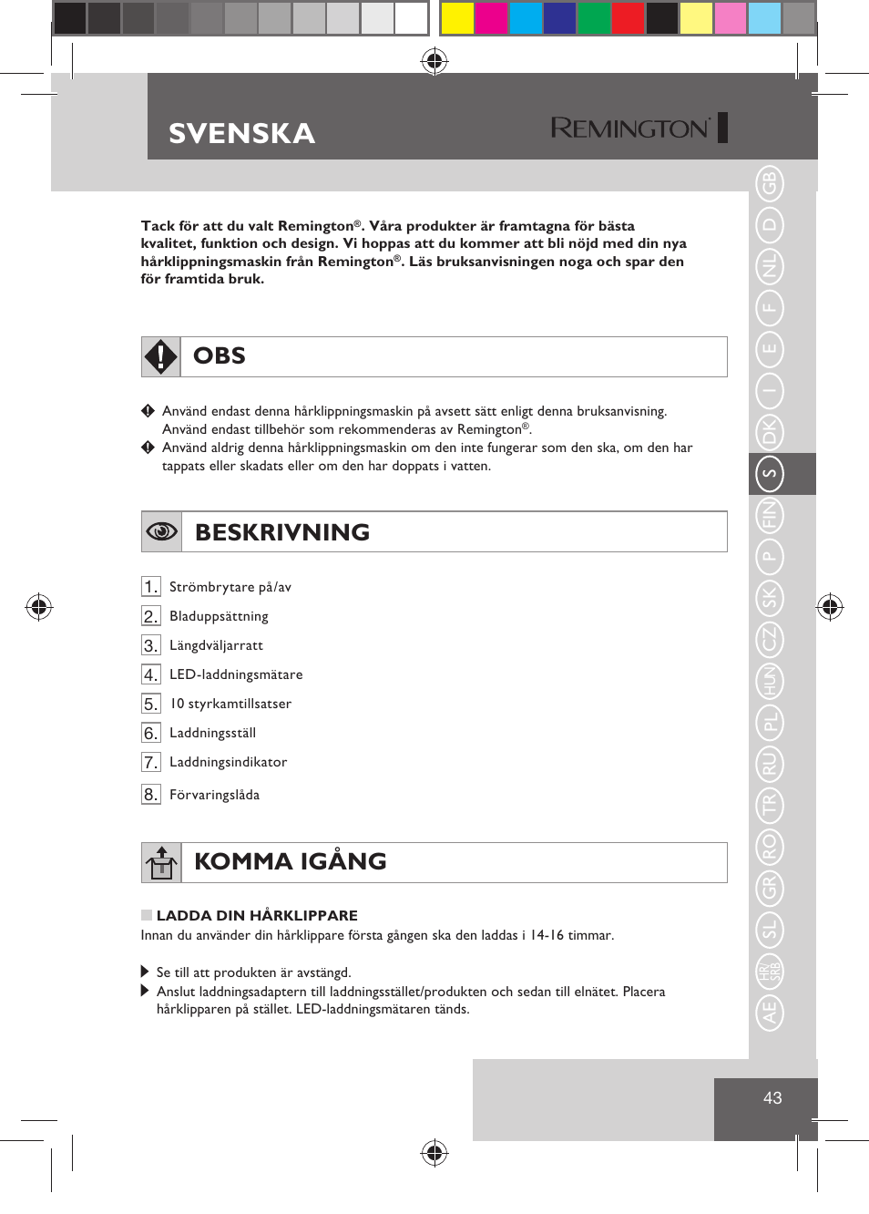 Svenska, Beskrivning, Komma igång | Remington HC5810 User Manual | Page 45 / 121