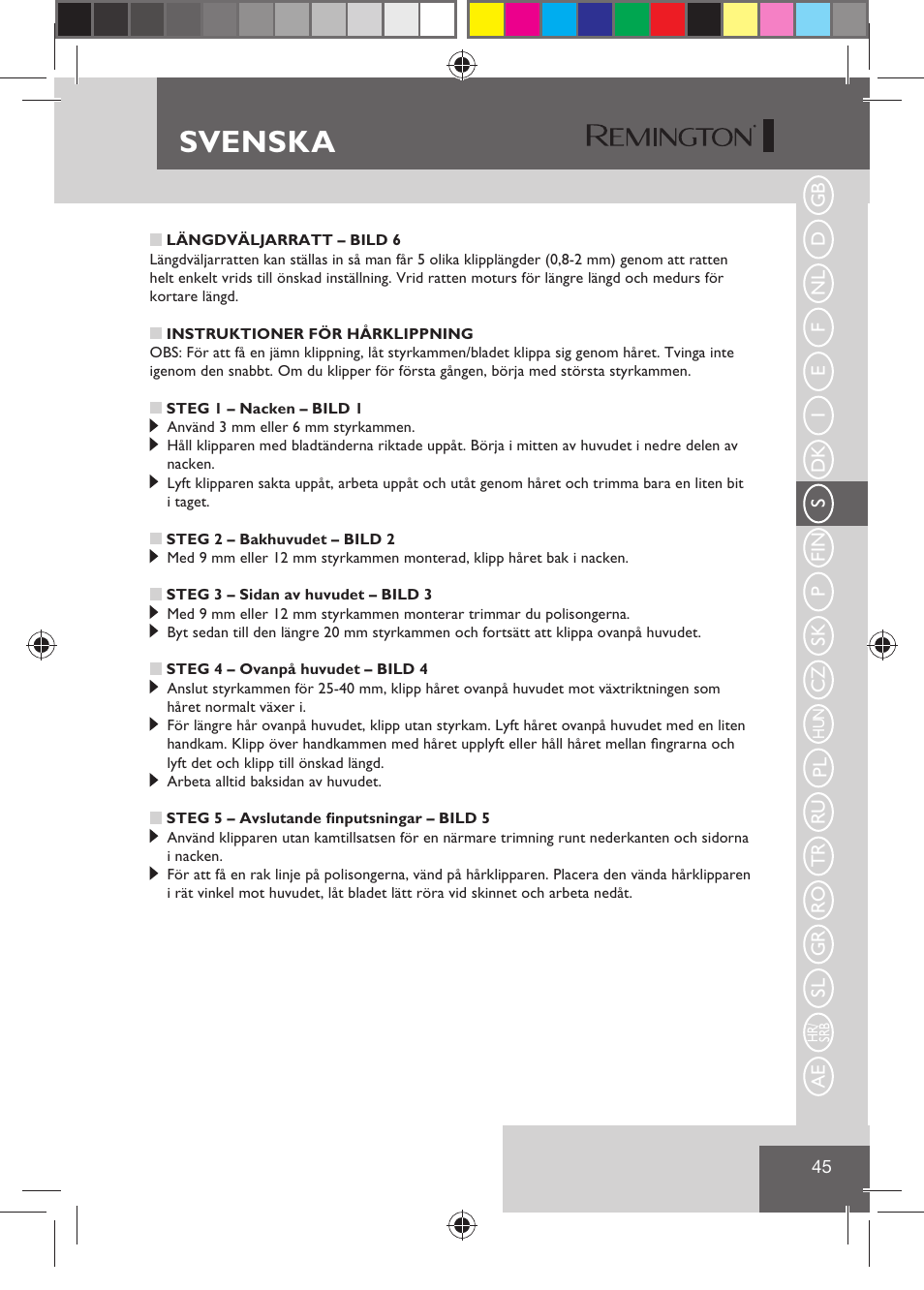 Svenska | Remington HC5810 User Manual | Page 47 / 121