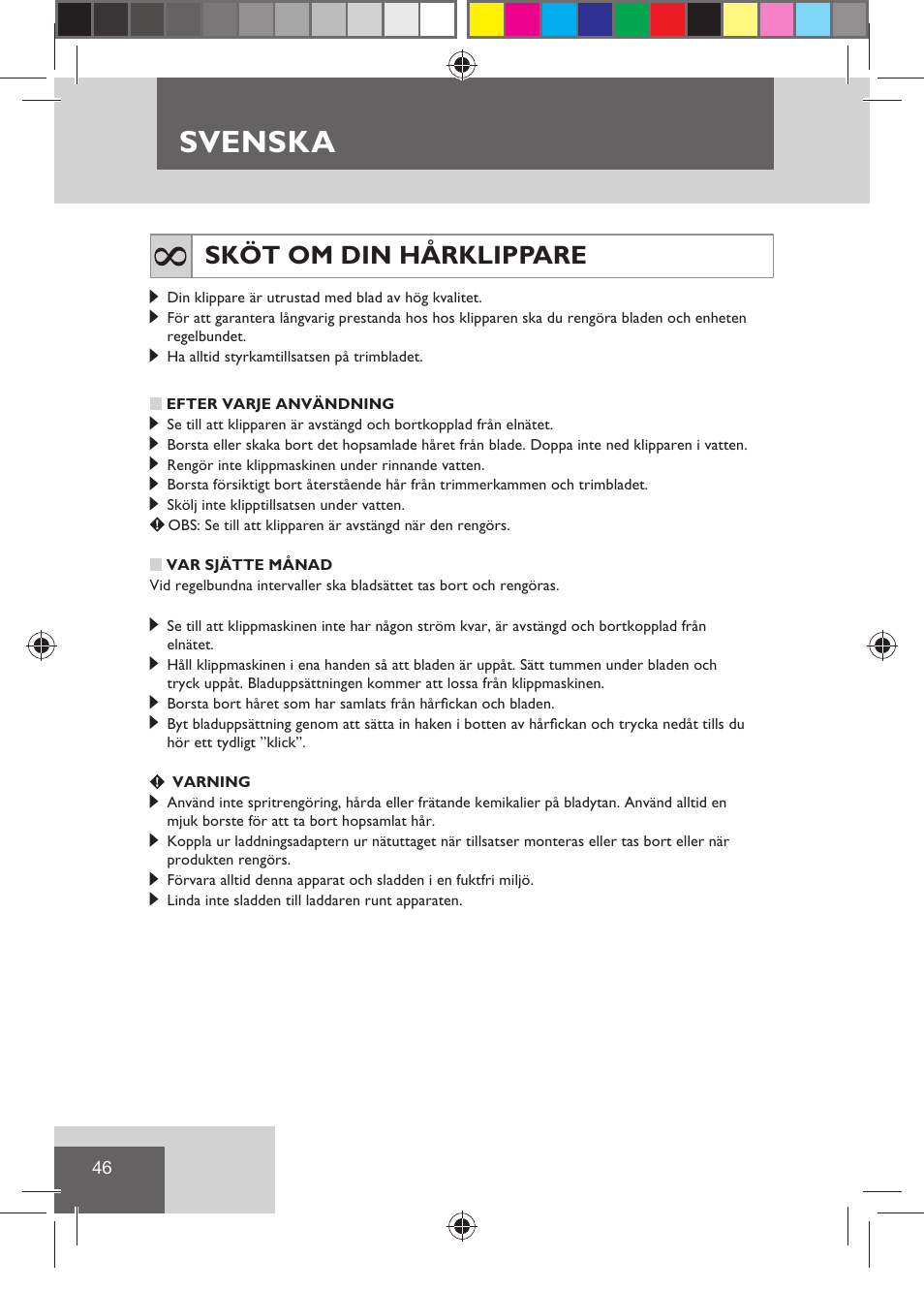 Svenska, Sköt om din hårklippare | Remington HC5810 User Manual | Page 48 / 121