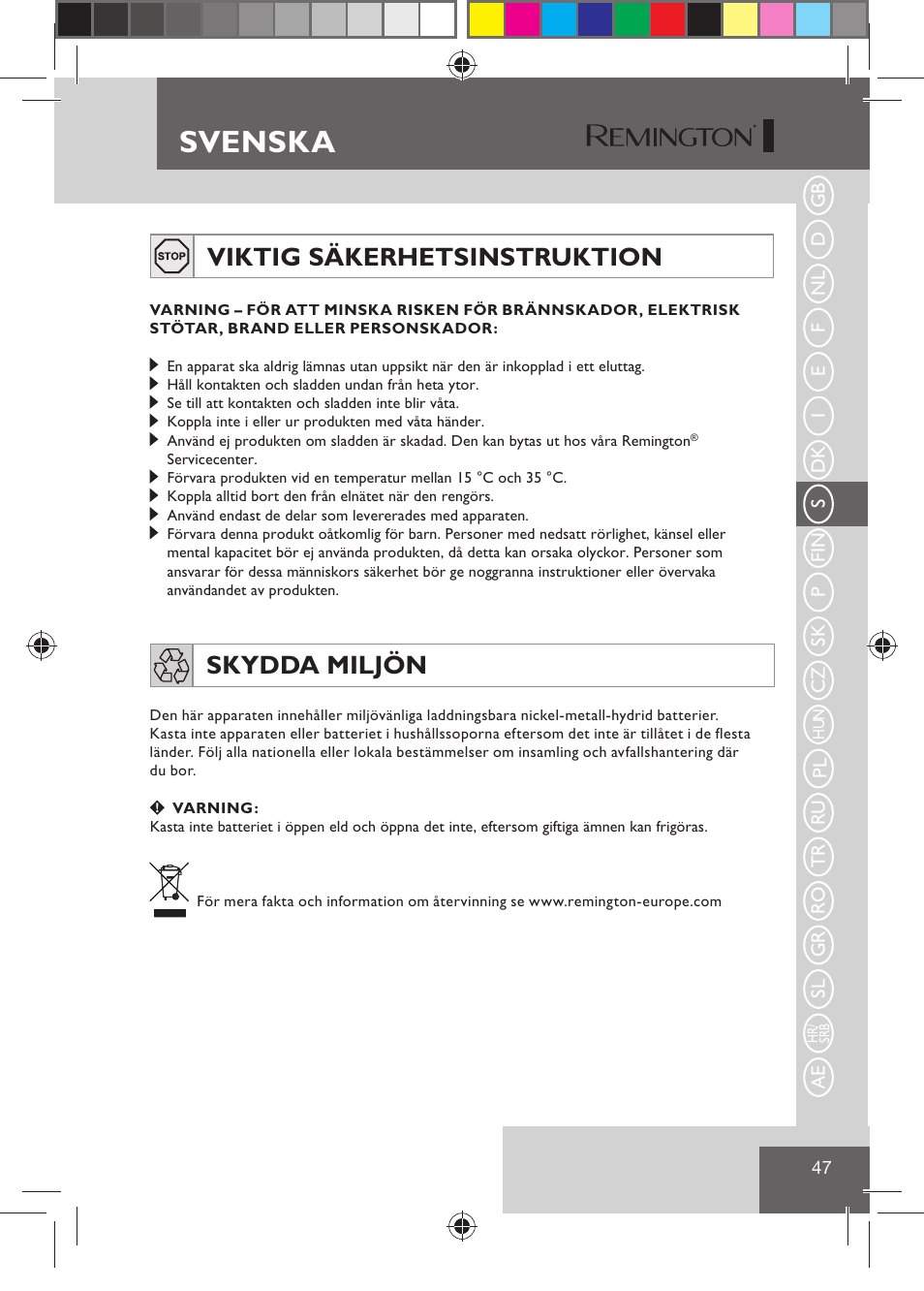 Svenska, Viktig säkerhetsinstruktion, Skydda miljön | Remington HC5810 User Manual | Page 49 / 121