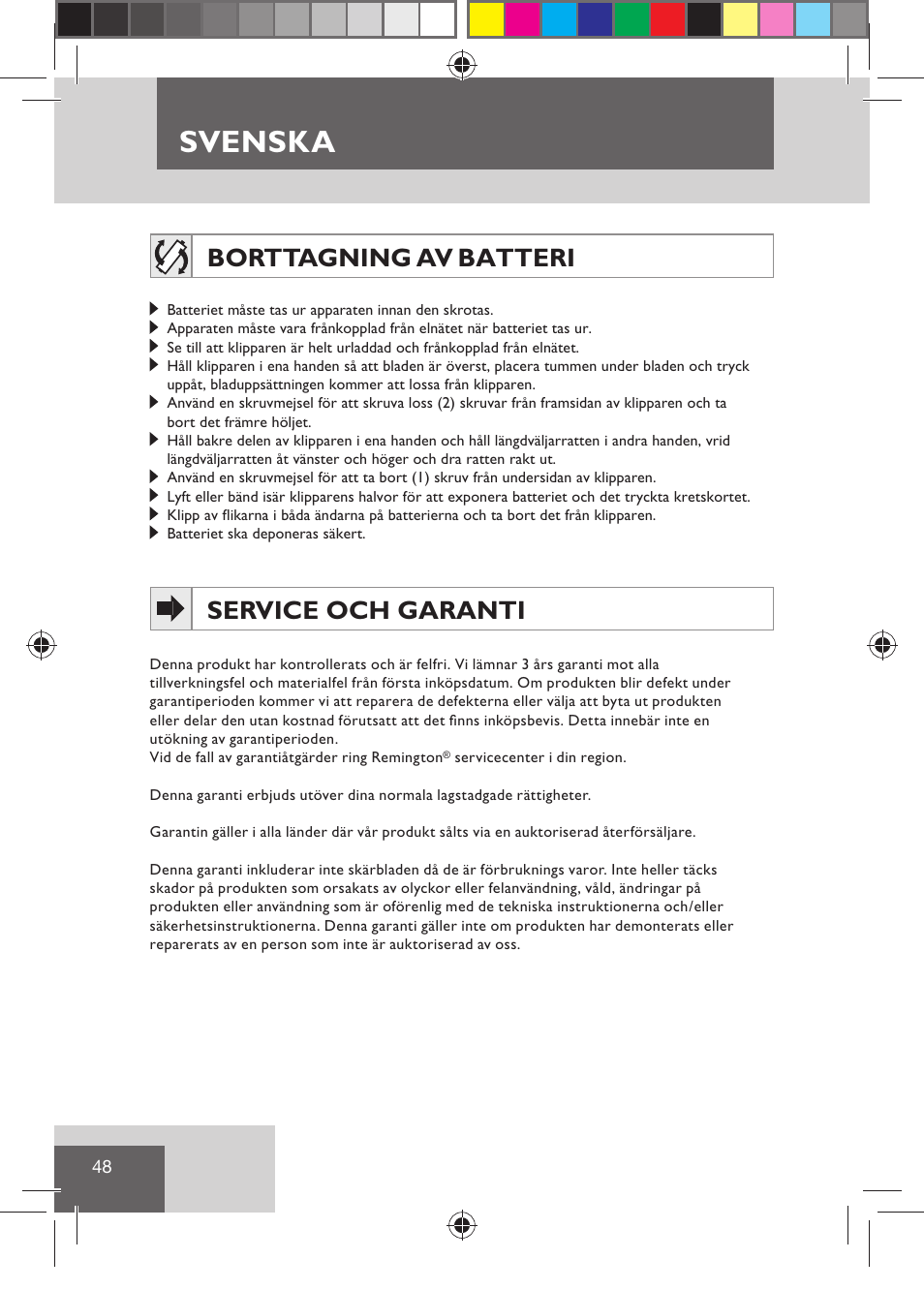 Svenska, Borttagning av batteri, Service och garanti | Remington HC5810 User Manual | Page 50 / 121