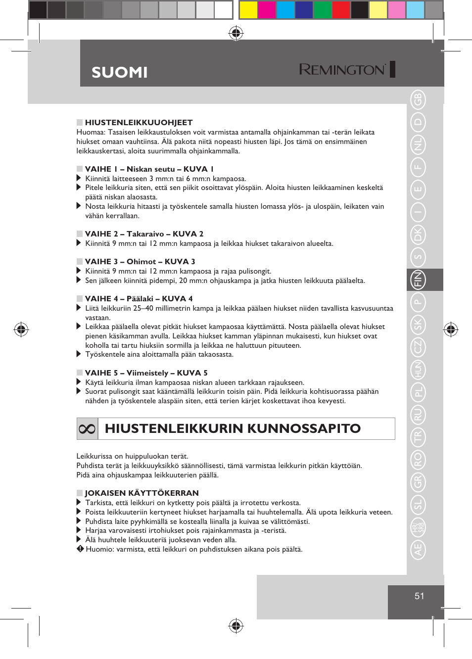 Suomi, Hiustenleikkurin kunnossapito | Remington HC5810 User Manual | Page 53 / 121