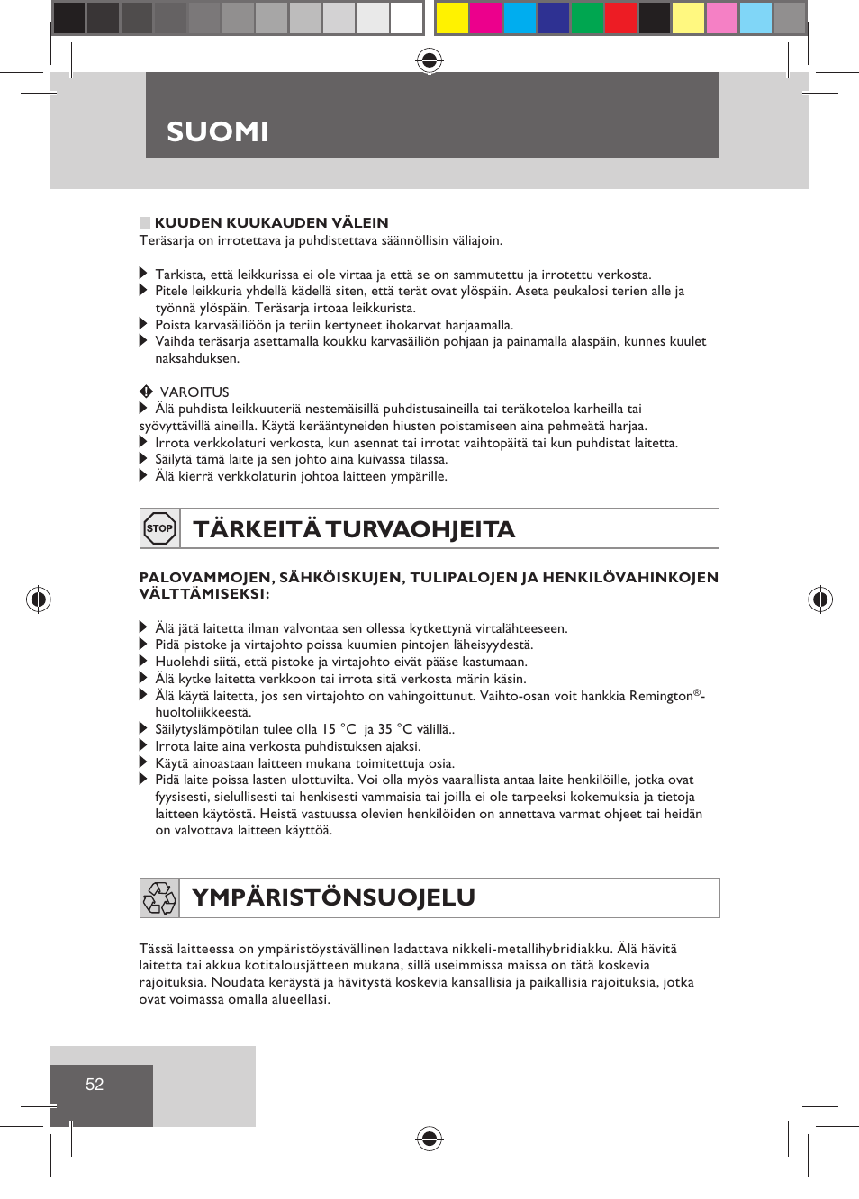 Suomi, Tärkeitä turvaohjeita, Ympäristönsuojelu | Remington HC5810 User Manual | Page 54 / 121