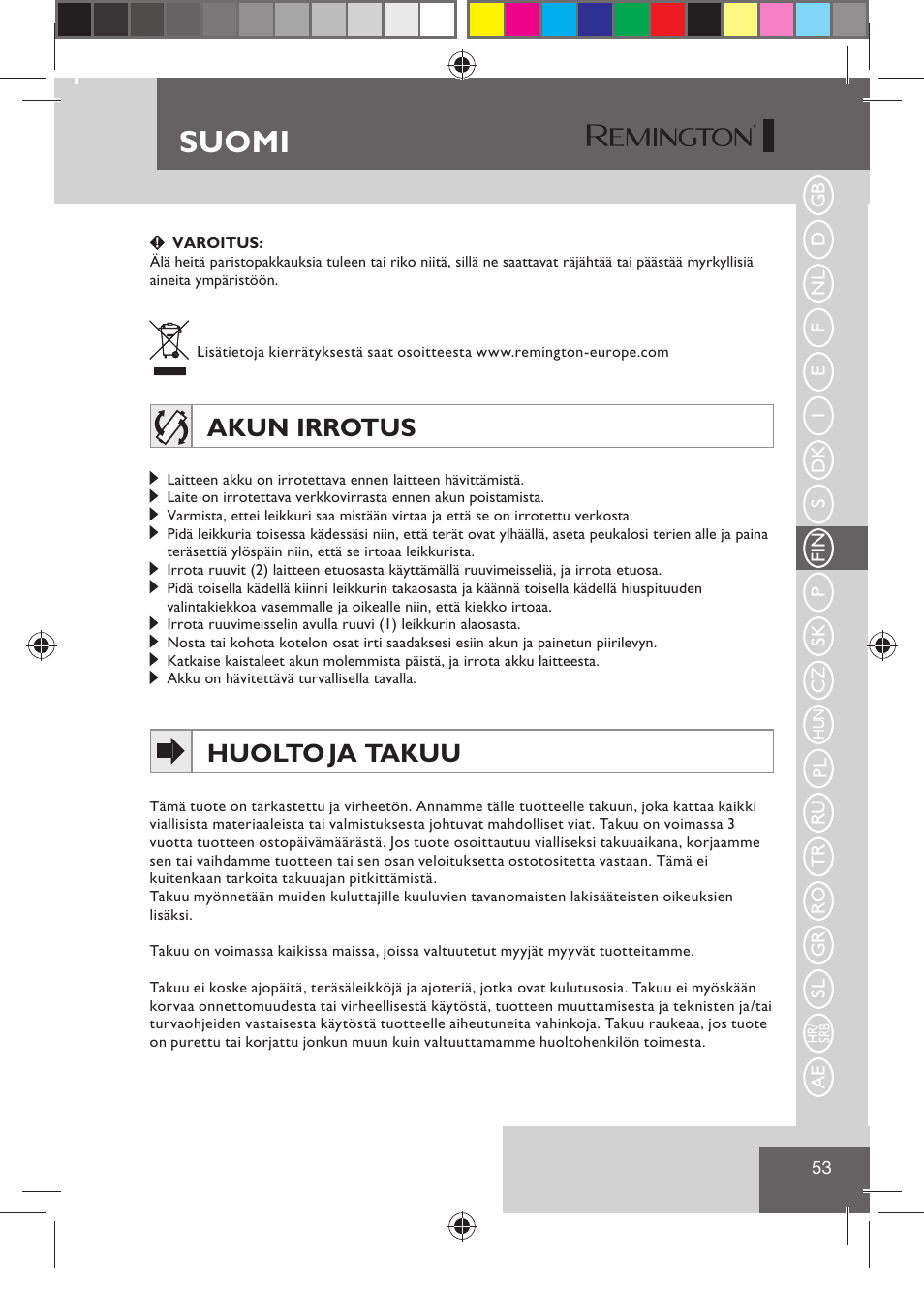 Suomi, Akun irrotus, Huolto ja takuu | Remington HC5810 User Manual | Page 55 / 121