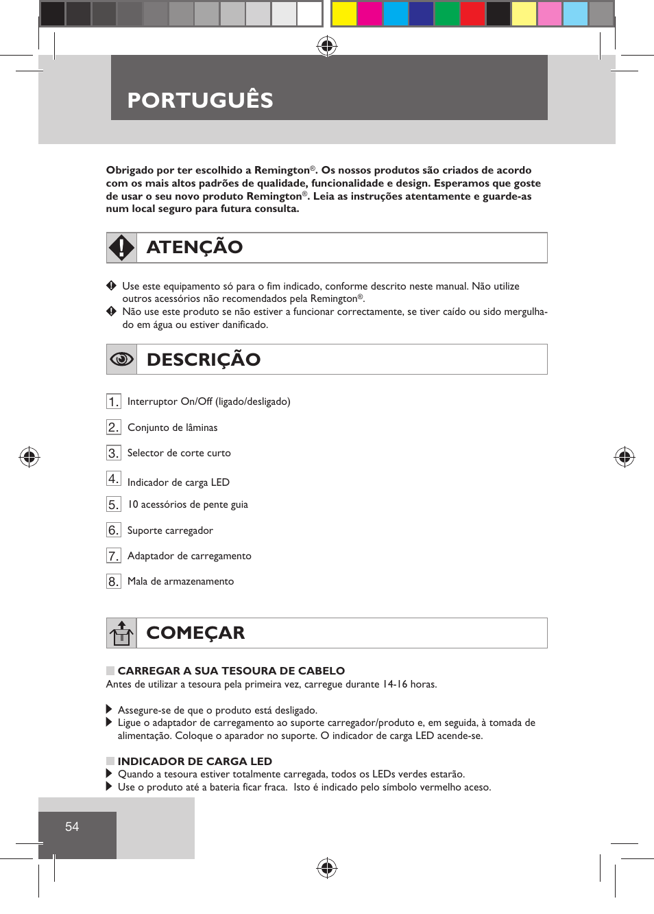 Português, Atenção, Descrição | Começar | Remington HC5810 User Manual | Page 56 / 121