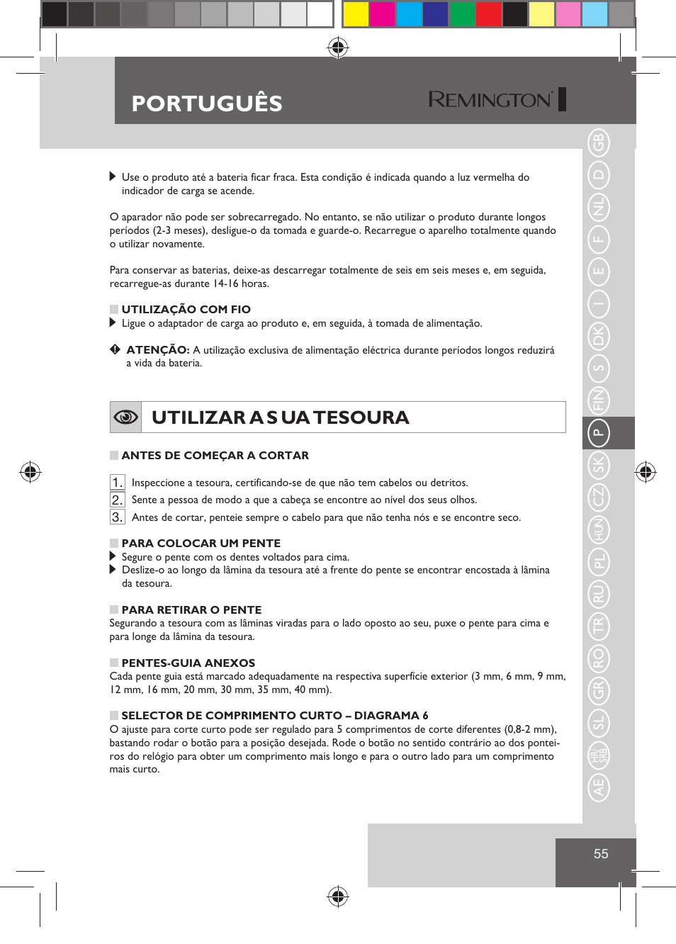 Português, Utilizar a s ua tesoura | Remington HC5810 User Manual | Page 57 / 121