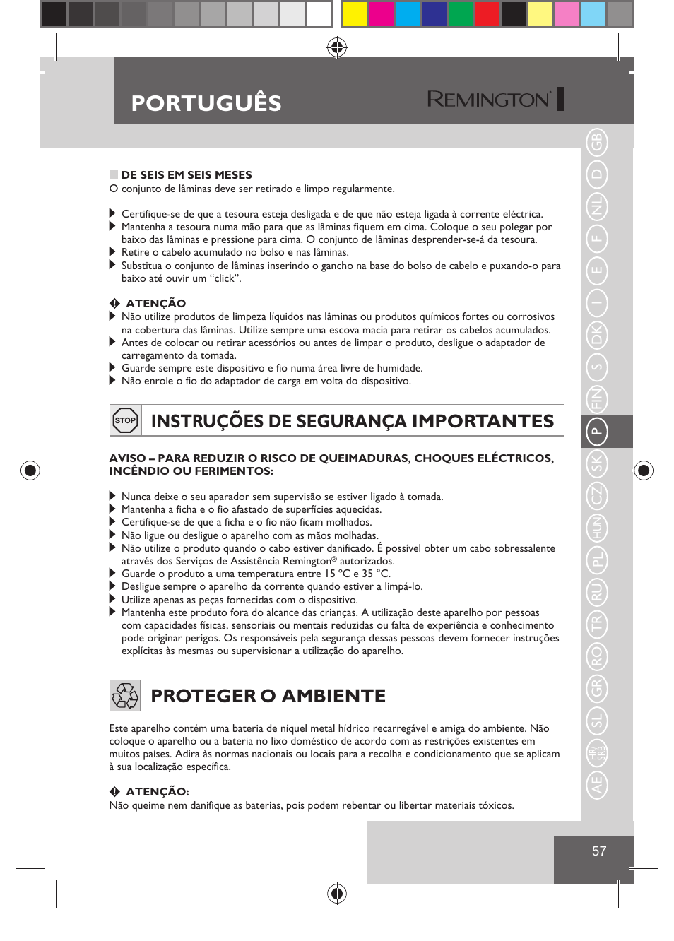 Português, Instruções de segurança importantes, Proteger o ambiente | Remington HC5810 User Manual | Page 59 / 121
