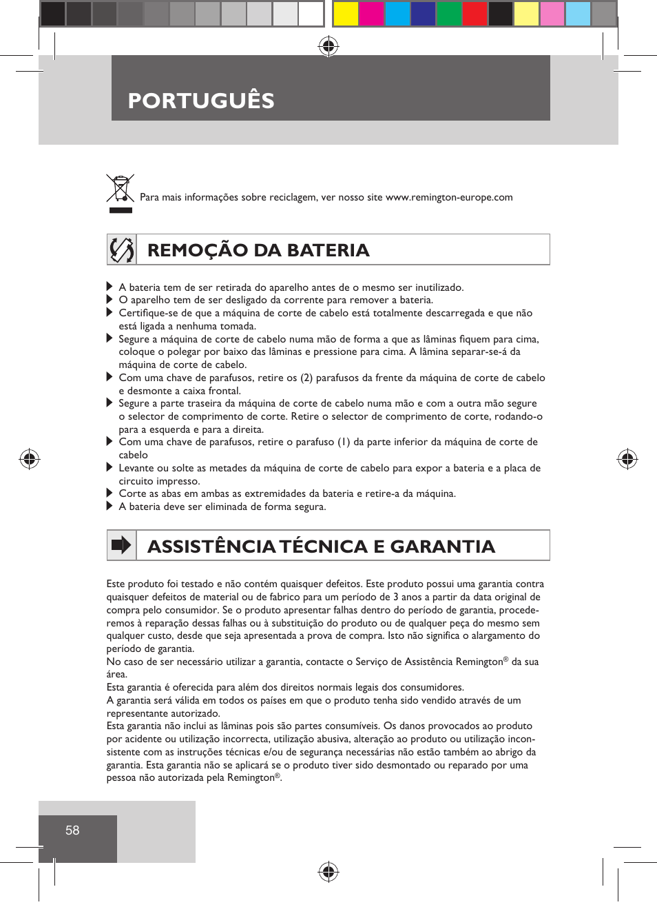 Português, Remoção da bateria, Assistência técnica e garantia | Remington HC5810 User Manual | Page 60 / 121